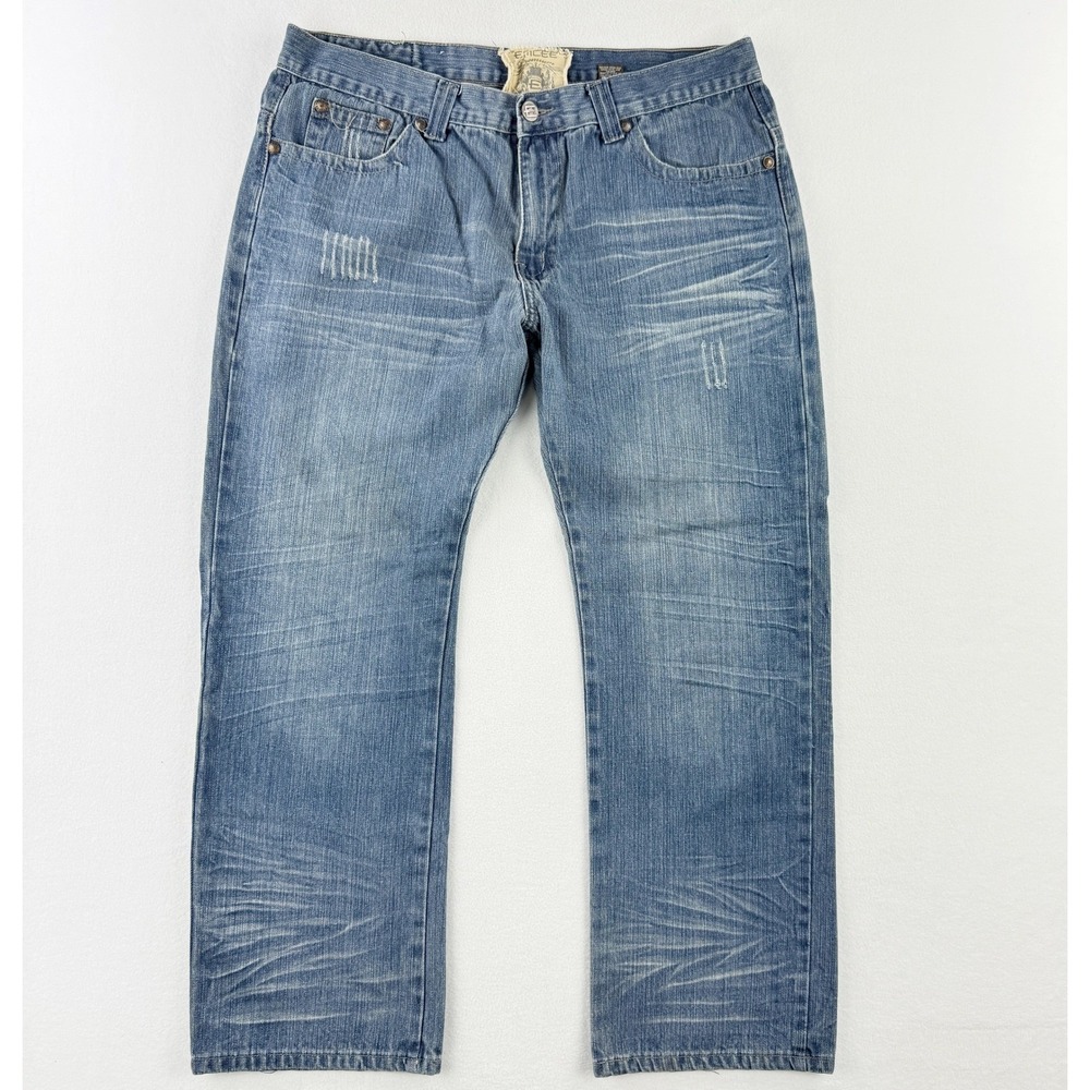 Emcee‎ Premium Mens Jeans 38/32 Blue Distressed Embroidered Flap Pocket Y2K